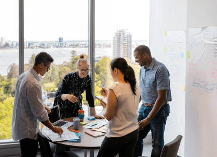 Romega team collaborating around a table